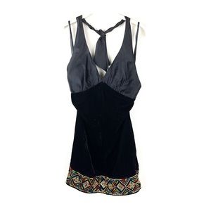 Vintage Teena Paige Juniors Womens Black Velvet Dress Embroidery Sz 9 50s / 60s